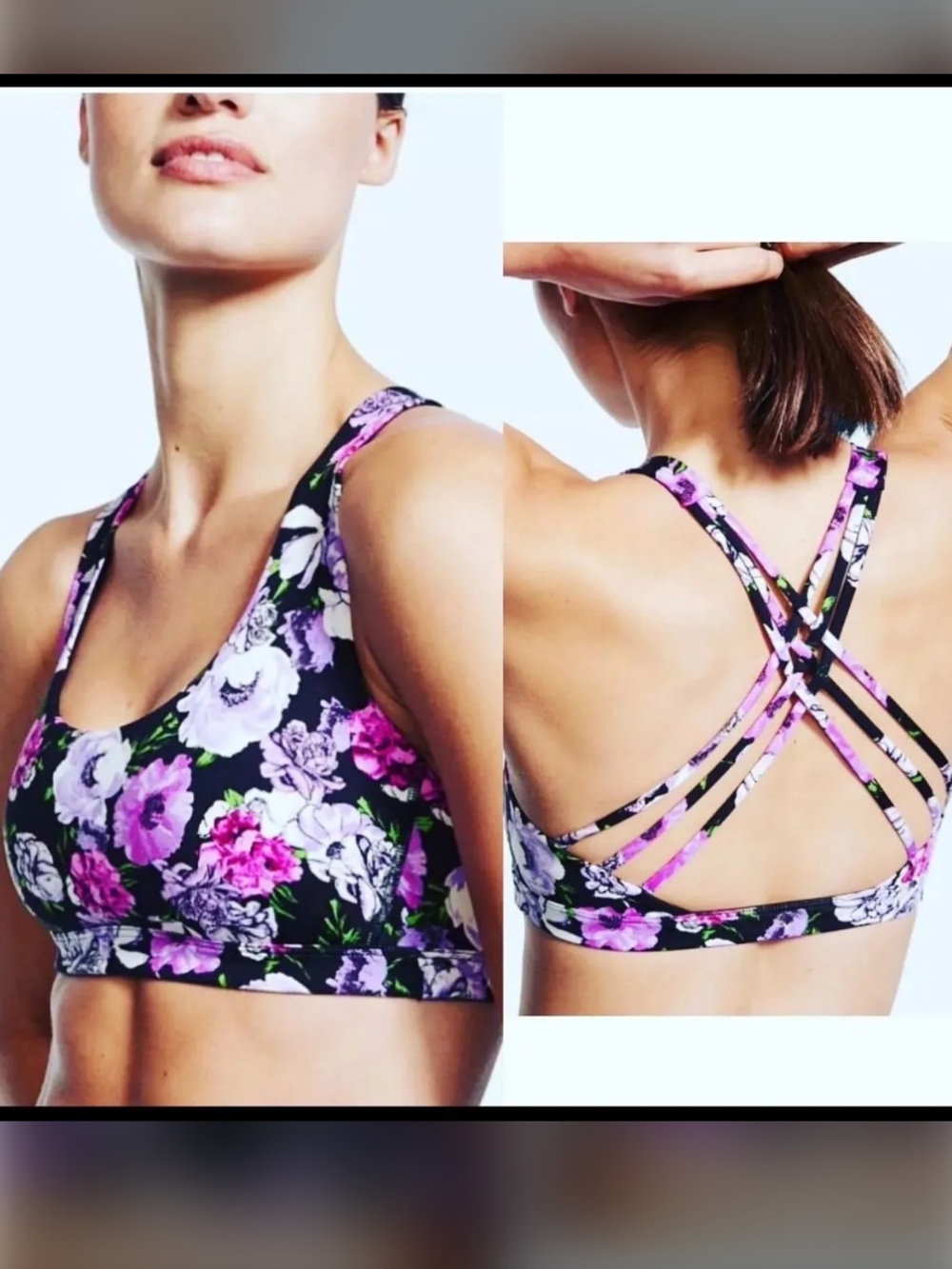 Victoria's Secret Black Pink Purple Floral Strappy Sports Bra Removable Pads-Med